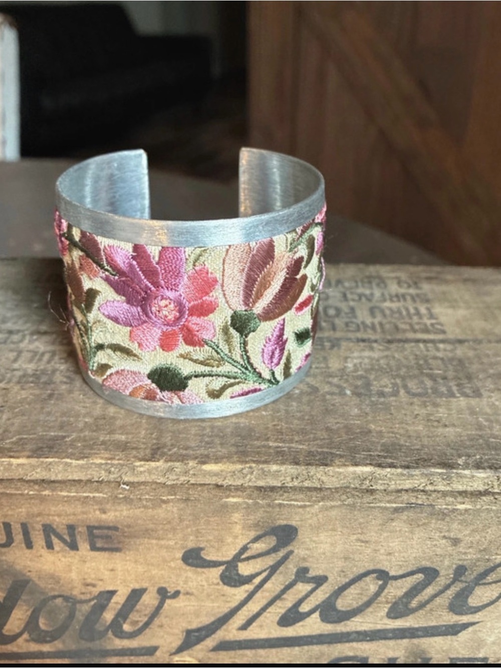 Handcrafted Floral Embroidered Pink Cuff Bracelet